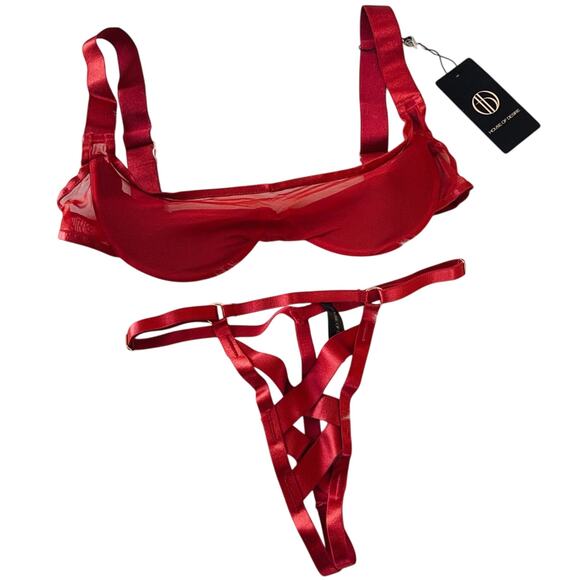 House of Desire Premium Devon Mesh Bra & Panty Set Red Crisscross Medium NEW - Picture 3 of 15